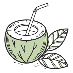 Coconut Drink with Straw and Leaves beverage tropical