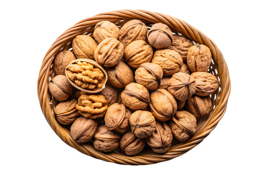 Walnuts in a Wicker Basket Healthy Snack Isolated on Black Background