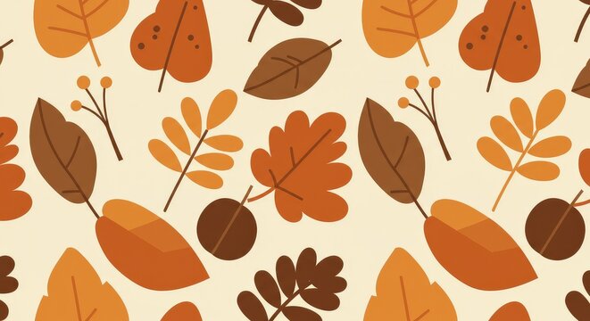 Autumnal Leaf Pattern: Warm Colors, Seamless Design, Flat Illustration.