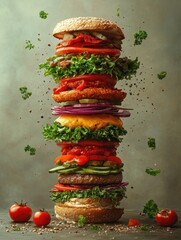 Giant Stacked Burger Representing Overeating. Overconsumption, excess calories, and society’s obsession with bigger portions.