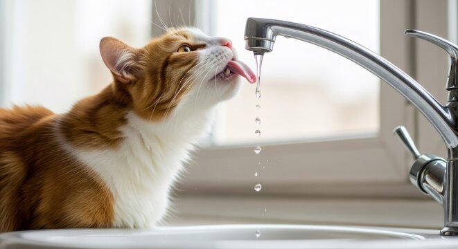 Ginger cat drinking water from a dripping tap with its tongue out. Pet hydration and welfare concept for a veterinarian blog.
