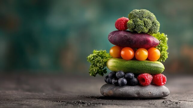 Healthy Lifestyle Balance. Artistic Food Tower in Zen Formation. Balanced eating mirrors balanced living.