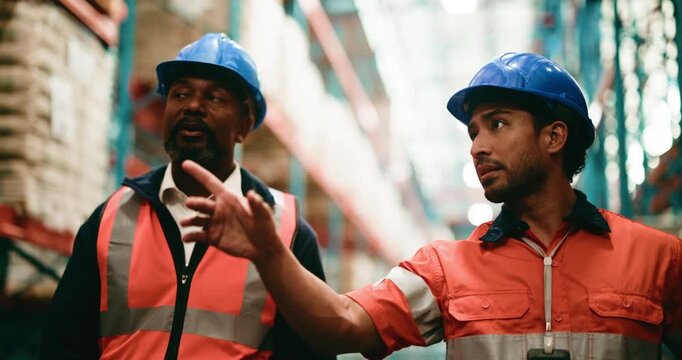 Logistics, communication or people in storage warehouse, inventory inspection or plan cargo transport. Shipping strategy, distribution or team talking for stock check, depot capacity or supply chain