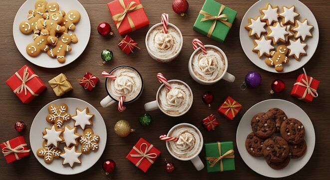 Cozy christmas morning with hot chocolate and assorted holiday cookies on a wooden table