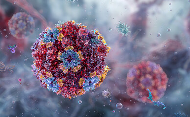 Norovirus pathogens floating in fluid environment. Intestinal virus, contagious disease and viral infection agents. 3D for medicine, diagnostics, scientific education, healthcare, biotechnology themes