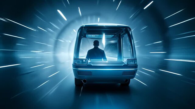 Rear view of a man riding in an autonomous futuristic pod or self-driving vehicle speeding through a tunnel