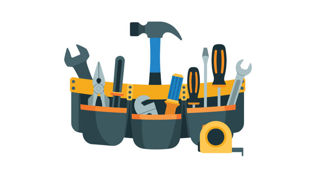 Tool belt filled with various hand tools and measuring tape