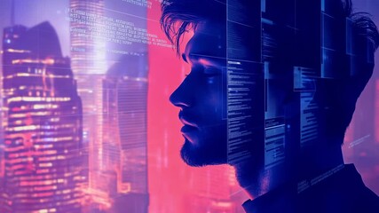 A man stands against a backdrop of city lights and digital overlays, capturing the intersection of technology and urban life at night - Powered by Adobe