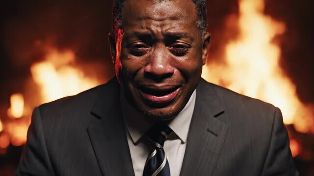 A man dressed in a suit expresses profound sorrow and distress while surrounded by flames. His raw emotions portray a battle with inner demons and vulnerability.