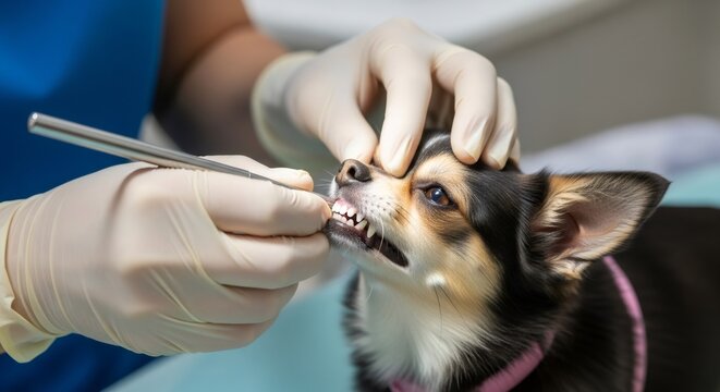 Veterinarian examining a small dogs teeth. Pet dental care and health check-up. Animal clinic visit for routine examination.