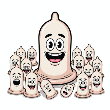Happy cartoon condoms gathered together in a group celebration