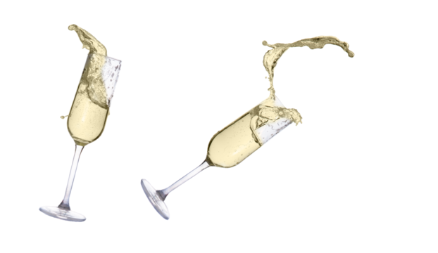 Two festive champagne glasses isolated on transparent background