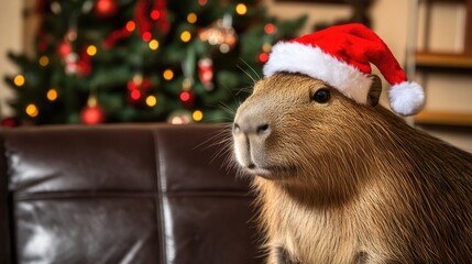 A capybara wearing a Santa hat sits on a couch in front of a decorated Christmas tree with colorful lights and ornaments