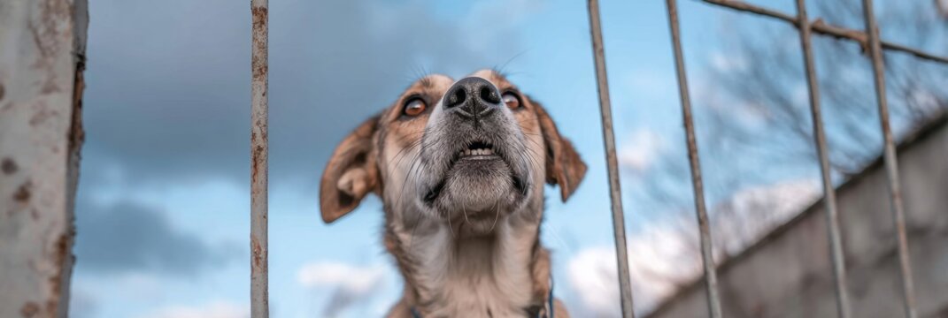Rescue dog gazes upward from behind shelter bars, dramatic sky overhead, symbolizing hope and the need for adoption and compassion - Powered by Adobe