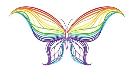 Obraz premium A butterfly with wings made of rainbow-colored lines against a white background.