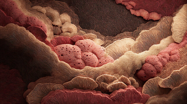 A microscopic view of colorful, abstract cellular structures and organic textures. This image showcases a complex and intricate design, with a focus on textures and forms