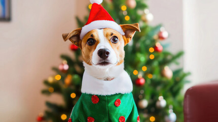 A small brown and white dog wearing a Christmas elf costume