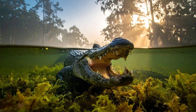 Split-level view of an alligator, mouth agape, amidst underwater plants under a sunlit canopy