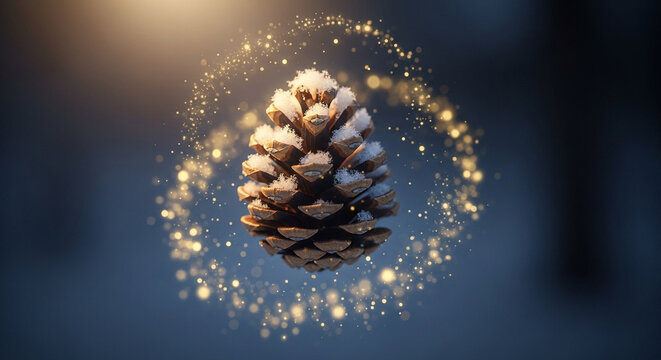 Pine cone with snow and glowing lights in winter setting  