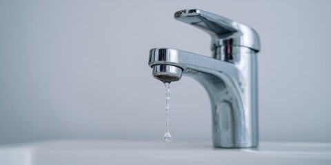 Close-up of a modern faucet with a single drop of water falling, symbolizing conservation and the importance of saving our planet's resources