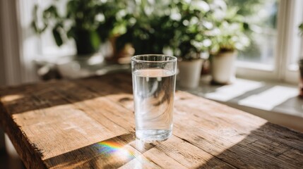 Obraz premium Crystal clear glass of water on rustic wooden table, sunlight creating rainbow reflections, promoting conservation for World Water Day