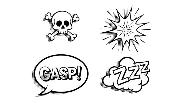 Comic Book Icons Set: Skull, Explosion, Gasp, Sleep