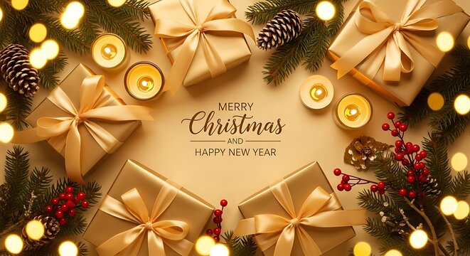 Elegant merry christmas and happy new year greeting with gift boxes, pine cones, candles, and festive lights