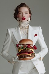 Fashion Model Holds Large Gourmet Burger While Dressed in Elegant White Suit