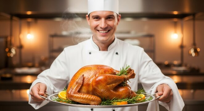 Smiling Caucasian man chef holding hot roasted turkey with rosemary and orange on a platter, ready for Thanksgiving dinner or Christmas meal celebration.