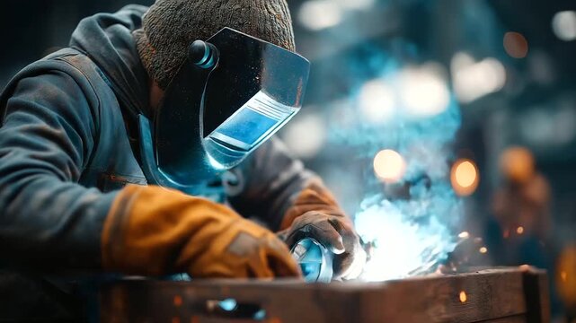 Welder packing rods, grinder discs, and fire blanket into crate, realism, fabrication, steelwork, safety, prep sequence, industry, with copy space