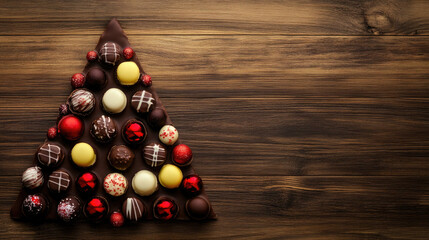 A decorative arrangement of assorted chocolates shaped like a Christmas tree on a wooden surface.