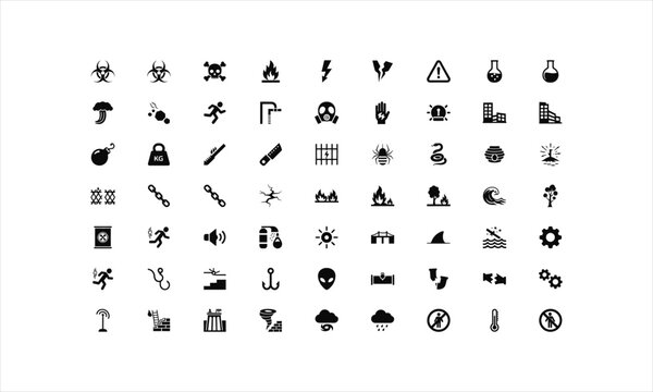Discover a comprehensive collection of versatile icons depicting safety hazards, warnings, natural disasters, and industrial elements for impactful presentations and designs.