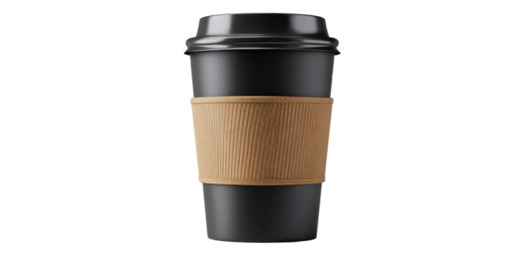 Black Coffee Cup with Cardboard Sleeve on a Transparent Background