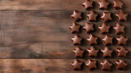 Chocolate star-shaped candies arranged on a wooden surface.