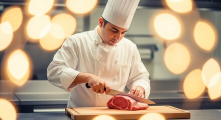 Man chef in uniform slicing raw meat on cutting board in professional kitchen. Culinary preparation process for restaurant menu.