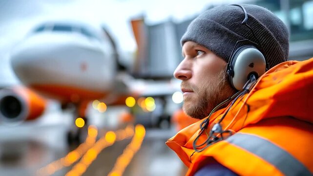 Airport ground crew marshalling aircraft, headset comms, safety lines, realism, aviation, coordination, ramp work, with copy space