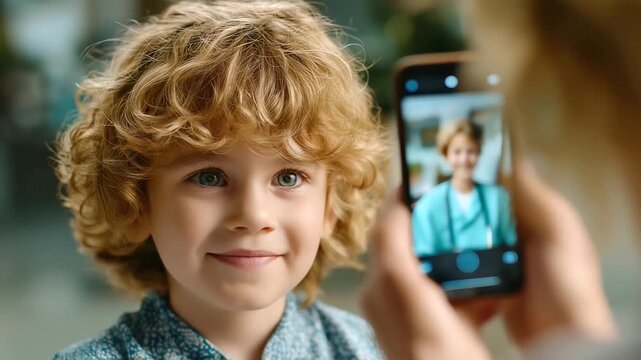 Nurse video-chatting kid from staff room between rounds, realism, compassion, family, healthcare life, with copy space