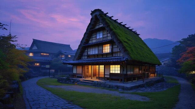 Traditional Japanese Thatched Roof House at Dusk in Shirakawa-go Village, Gifu Prefecture, Japan, Featuring Cobblestone Path and Illuminated Windows.