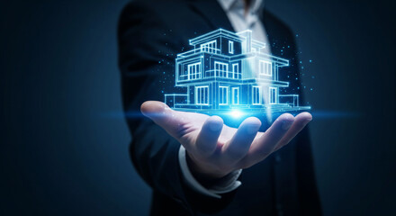 Architect holding a digital model of a house in his hand, representing the concept of smart home technology and modern architecture