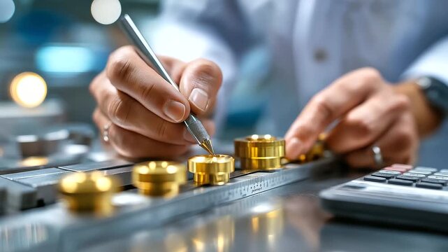 Quality inspector using calipers and gauge blocks, recording tolerances, realism, QA, documentation, standards, meticulous, with copy space