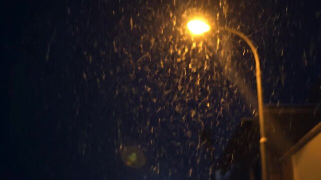 Heavy Snowfall at Night Illuminated by a Bright Yellow Street Lamp, Creating a Moody Winter Backdrop with Dramatic Falling Flakes.