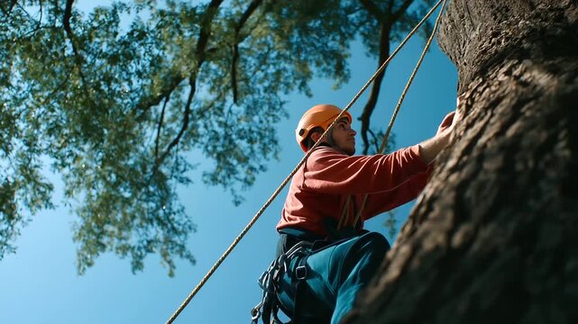 Arborist ascending rope, inspecting canopy, precise cuts, realism, forestry, climbing, safety, certified skill, with copy space