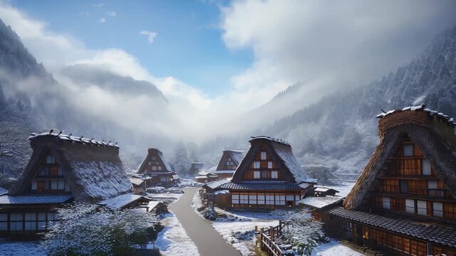 Shirakawa-go Village in Winter: Traditional Gassho-style Farmhouses Under Snow, Gifu Prefecture, Japan, Scenic Landscape, Tranquil Atmosphere