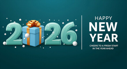 A cheerful 3d rendering of 2026 with a gift box, wishing a happy new year and a fresh start on a teal background