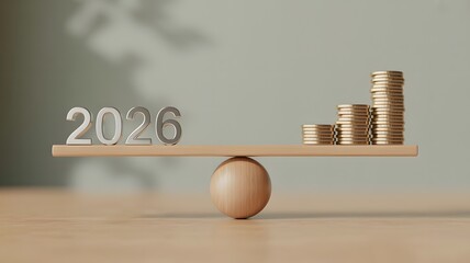 2026 financial balance concept with wooden scale and stacked coins representing growth and stability