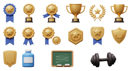 3D Gold Awards Success Triumphs Trophies Medals Ribbons Achievement Badges Certificates on transparent background