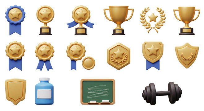 3D Gold Awards Success Triumphs Trophies Medals Ribbons Achievement Badges Certificates on transparent background