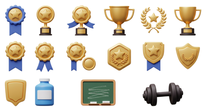 3D Gold Awards Success Triumphs Trophies Medals Ribbons Achievement Badges Certificates on transparent background