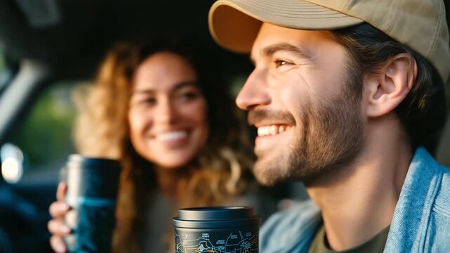 Team carpool in pickup truck at dawn to remote jobsite, thermos mugs, maps on dashboard, realism, camaraderie, commute, construction crew, with copy space