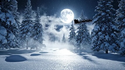 Santa Claus on a sleigh pulled by reindeer flies across the full moon night sky above a snowy winter forest Christmas eve. - Powered by Adobe